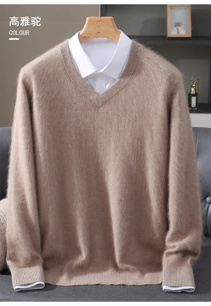 Men's 100% Pure Mink Cashmere Sweater V-neck Pullover Knit Bottoming Shirt Autumn And Winter New Long-Sleeve High-End Mink Tops