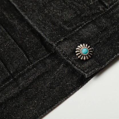 Mens Jacket Punk Vintage Streetwear Black Denim Short Coat Metal Buckle Studded Design Pleated Detail Retro Cool Hip Hop Fashion