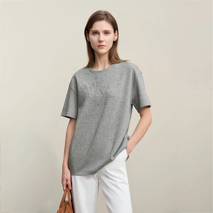 Amii Women's T-Shirt 2026 Summer New Round Neck Drop Shoulder Cotton Tee Lace Embroidered Woman Loose Fit knit Tops 12622048