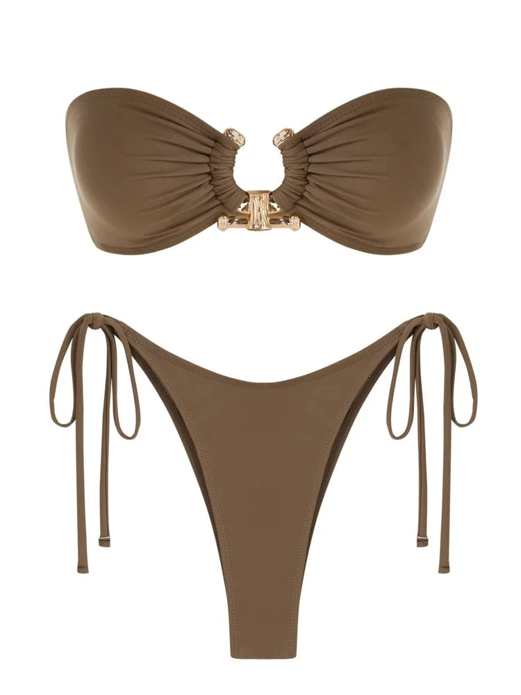 Shiny O Ring Bandeau Bikini - Womens Low Waisted Swimsuit with Padded Bra - ZOOMNSTORE