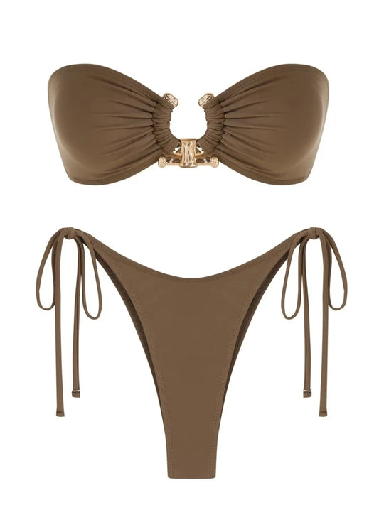 Shiny O Ring Bandeau Bikini - Womens Low Waisted Swimsuit with Padded Bra - ZOOMNSTORE