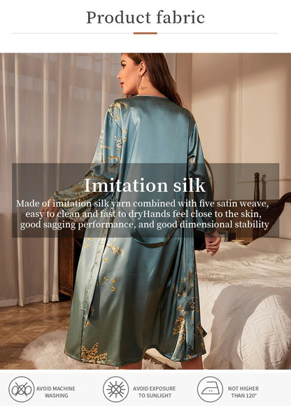 2025New Silk Kimono Robe for Women Floral Print Long Sleeve Lightweight Sexy Sleepwear Lace Up Bathrobe