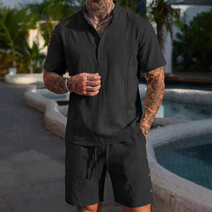 Men's Summer Fashion Cotton Linen Short-Sleeved Shirt And Breathable Short Pants Set Casual Lightweight Personalized Clothing