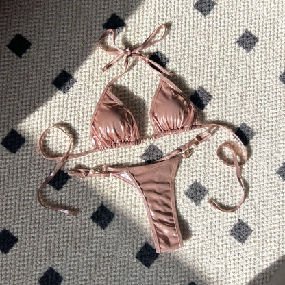 Shiny Pink Micro Bikini 2025 Mujer Women Sexy PU Pearls Push Up Thong Swimsuit Summer Bathing Suit Bandage Holiday Swimwear