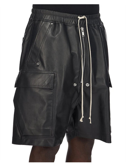 Mauroicardi Summer Cool Handsome Casual Soft Black Pu Leather Straight Shorts for Men Elastic Waist Drawstring Clothes 2023