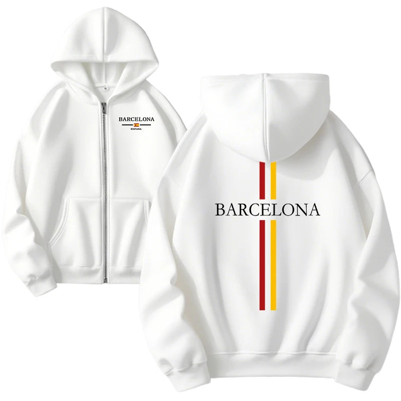 Autumn Winter Female Daily Casual Sport Coat 2025 New Arrival Woman Zipper Hoodie High Quality Barcelona Print Hooded Sweatshirt