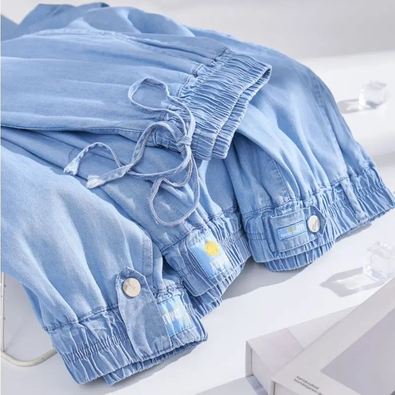 Plus Size Ice Silk Denim Pants Yoga Sports Thin Loose Style Women's Summer Casual Wide Leg Pants Harajuku Style Loose Waist