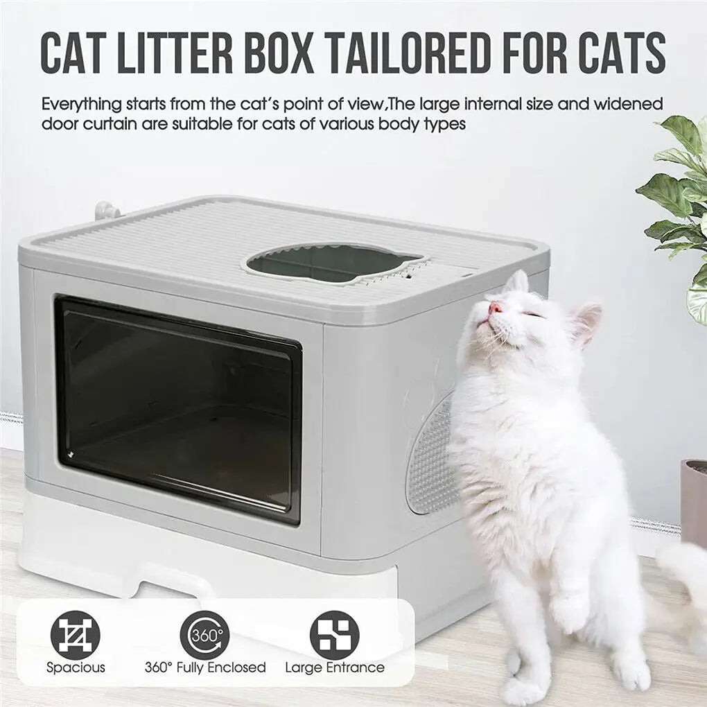 Foldable Cat Litter Box - Enclosed Front Entry  Top Exit Toilet with Massager Scoop - ZOOMNSTORE