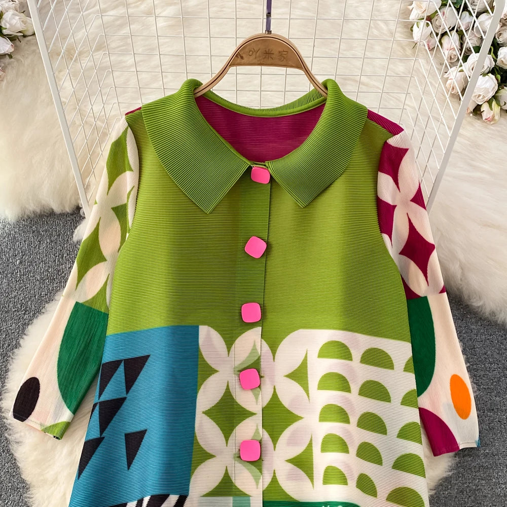 Miyake Pleated Drape Dress Women 2024 Spring Summer Colorblock Printing Lapel 3/4 Sleeve Single-breasted Fashion Shirt Dresses