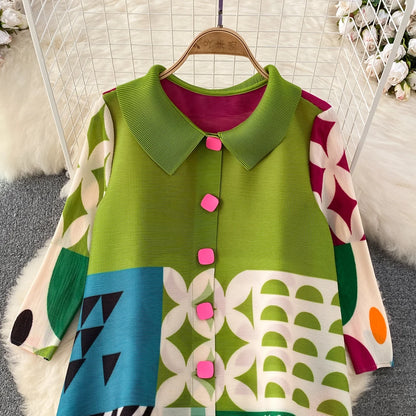 Miyake Pleated Drape Dress Women 2024 Spring Summer Colorblock Printing Lapel 3/4 Sleeve Single-breasted Fashion Shirt Dresses