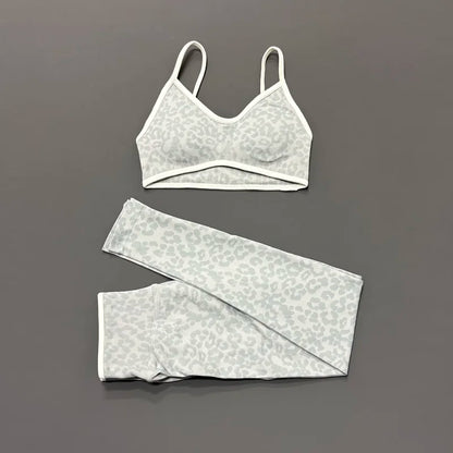 2 Pcs Fitness Sets Women Leopard Print Contrast Edge Removable Pad Bra Breathable Squat Proof Pants Suit Sports Workout Set