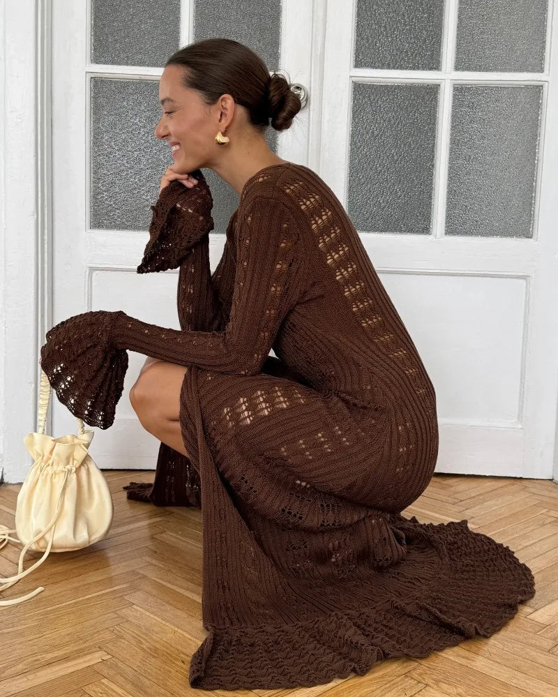 Deep V Neck Long Cardigan Dress - Elegant Hollow Knit Cover Up for Women