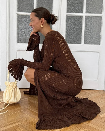 Deep V Neck Long Cardigan Dress - Elegant Hollow Knit Cover Up for Women