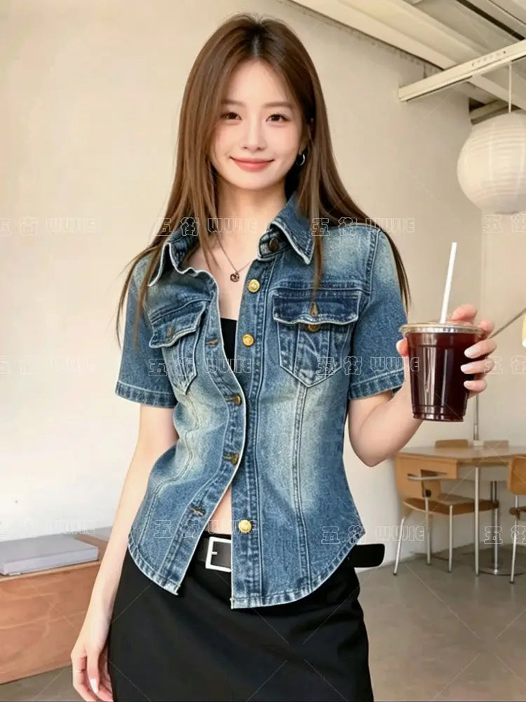French retro Polo collar short-sleeved denim jacket women's summer 2026 fashion  loose single-breasted temperament top