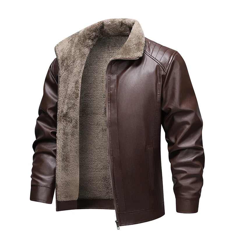 Men Leather Jacket Winter Fleece Lined Biker Jackets Fashion Motorcycle Jacket Faux Leather Coat Outwear Casual Streetwear