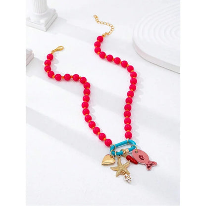 1pc Summer Beach Multi-Layer Resin Beaded Necklace, Colorful Fish & Starfish Charms, Boho Jewelry for Vacation & Beach Party