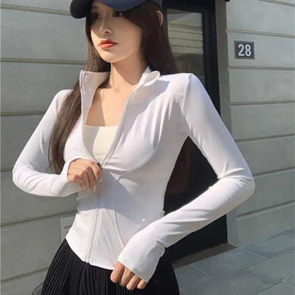 2026 Summer Slim Fit Long Sleeve T Shirt Women Wild Zipper Up Waist Slimming Yoga Tshirt Woman Tight UV Protection Crop Tops