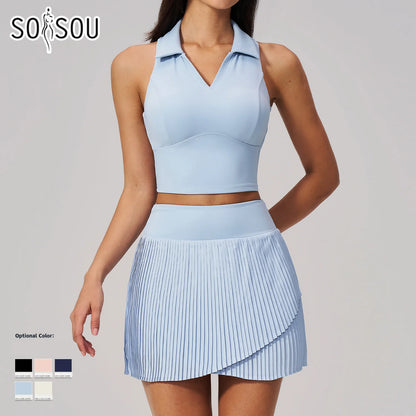 SOISOU Nylon Women Two Pieces Yoga Set Ribbed V-Neck Gym Top Sport Tennis Skirt 2pcs Suit Sportswear Workout Clothes 5 Colors