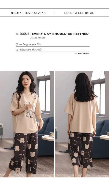 Women Pajamas Sets Plus Size Summer Silk Sleepwear Ladies Thin Short-Sleeved Seven Pants O-Neck Casual Cat Home Wear Night Wear