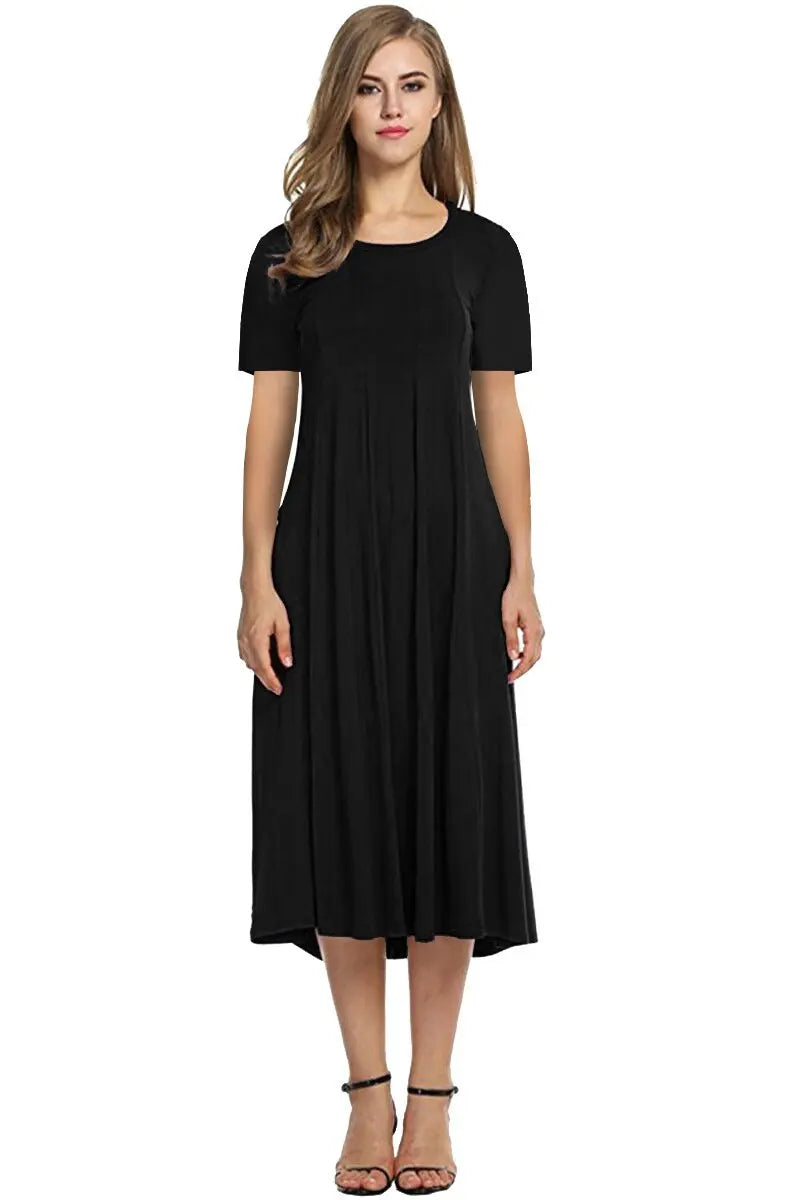 2026 European and American Summer Women's Round Neck Short Sleeve Solid Color Flared Dress