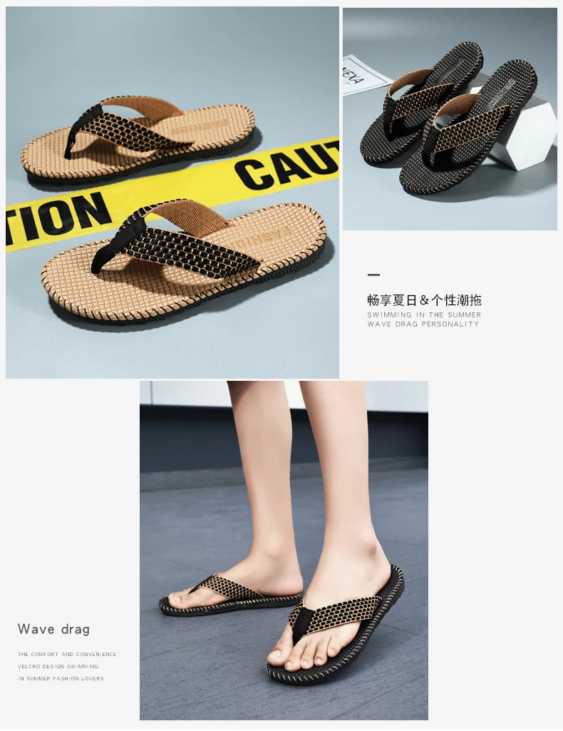 Men's flip flops summer new lightweight rubber woven slippers fashion casual outdoor sandals breathable anti slip beach shoes