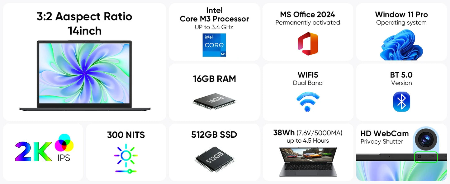Windows 11 Pro Laptop – 14 Inch QHD Display, Intel Core m3, 16GB RAM, 512GB SSD Ultrabook