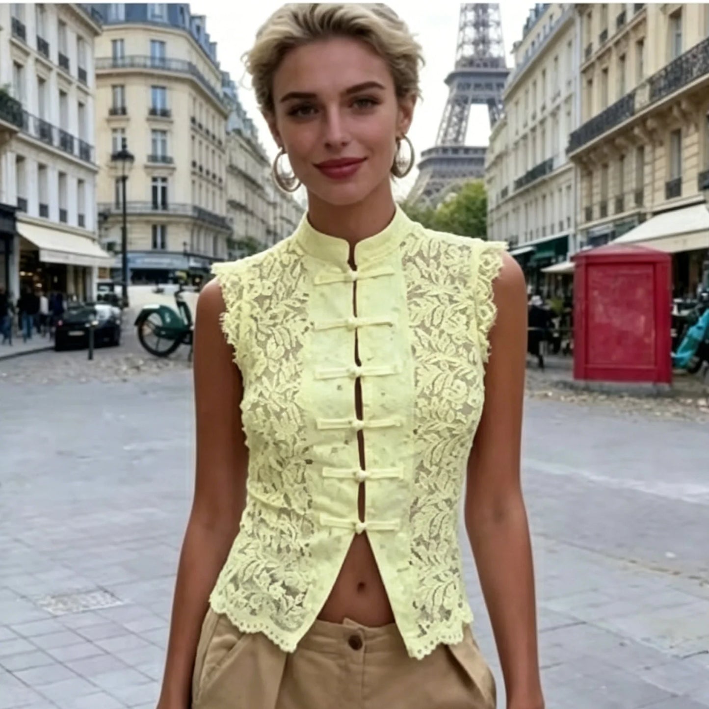 Y2K Aesthetic Solid Color Lace Crop Top Sleeveless Chinese Frog Button Vest Women's Summer Party Streetwear