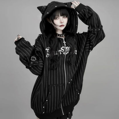 Autumn American Vintage Y2K Punk Coat Women Zipper Striped Loose Cat Ear Hoodie Subculture Heavy Craft Street Style Sweatshirt