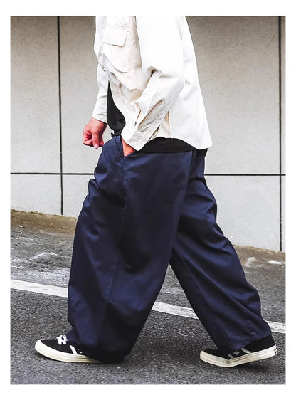 Solid Color Wide Leg Cargo Pants Mens Baggy Pleated Streetwear Elastic Waist Casual Loose Trousers Men