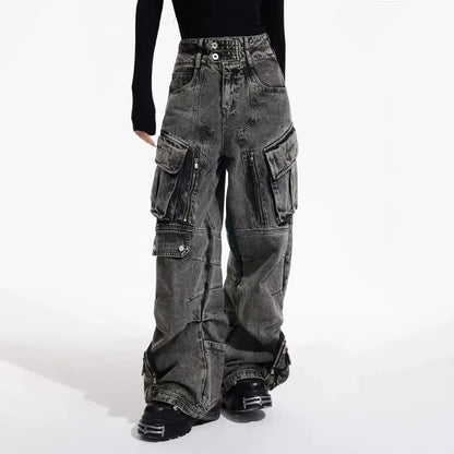 Men Gothic Jeans Y2k Big Pocket Cargo Jeans Streetwear Fashion Japanese Youth Campus Wide Leg Casual Pants Male Men'S Clothing