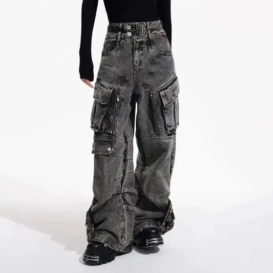 Men Gothic Jeans Y2k Big Pocket Cargo Jeans Streetwear Fashion Japanese Youth Campus Wide Leg Casual Pants Male Men'S Clothing