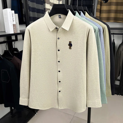 High-End Man Long-Sleeved Shirt Lapel Single-Breasted Bear Embroidery Spring New Shirt Fashion Versatile Leisure Men's Clothing