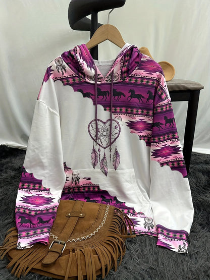 Women's casual fashion round neck pullover hoodie Western ethnic style retro print women's top hoodie