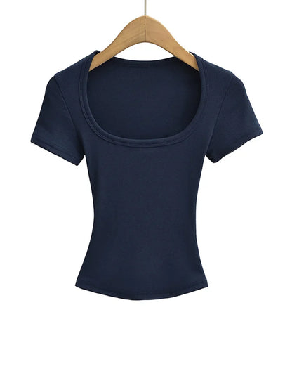Women's Square Collar Slim Fit Crop Top High Stretch Short Sleeve Pullover Sexy Summer Blouse T-shirt Bottoming
