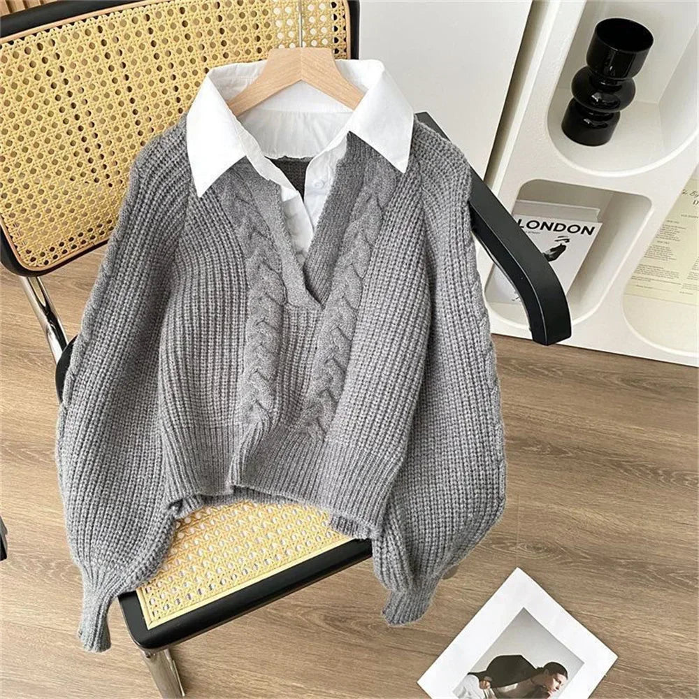 2025 Fashion New Casual Fall Winter Fake Two-piece Knitted Top for Women Autumn and Winter Long Sleeves Sweater for Women Tops