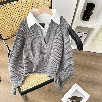 2025 Fashion New Casual Fall Winter Fake Two-piece Knitted Top for Women Autumn and Winter Long Sleeves Sweater for Women Tops