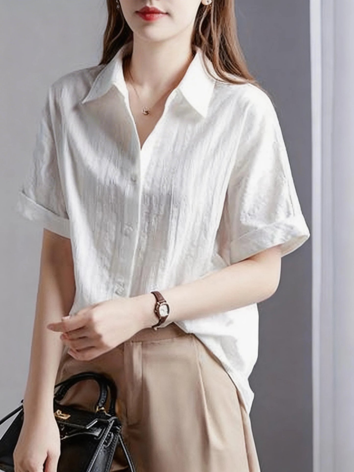 Women's Casual White Blouse, Short Sleeve V-Neck Shirt, Business Office Workwear, Breathable Textured Blouse