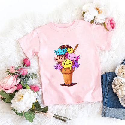 Axolotl Kawaii T Shirt Kid Summer Fashion T Shirt Children Streetwear Boba Axolotl Anime Casual Child Clothing Bithday Tshirts
