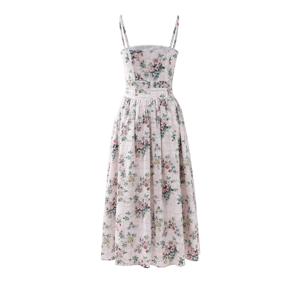 Summer Midi Dress - Women's Floral Print Elegant Camisole Fit and Flare Holiday Dress