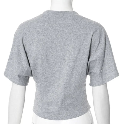 Fashion Casual Solid Gray Cropped T-shirt 2025 Woman Clothes O-neck Corset Tops Streetwear Girls Spring Summer Short Tee Shirts