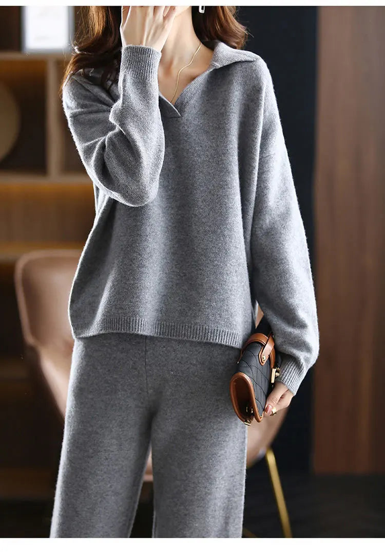 2 Pieces Set Women Oversize Tracksuit Polo Collar Sweater&Straight Pants Female Knitted Pullover Set Elegant Sweater Suit Women