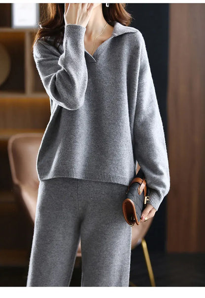 2 Pieces Set Women Oversize Tracksuit Polo Collar Sweater&Straight Pants Female Knitted Pullover Set Elegant Sweater Suit Women