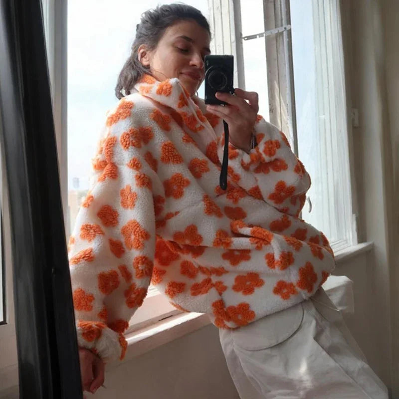 Fleece Flower Sweatshirt For Women 2025 Autumn Winter New Fashion Hoodies Warm Fur Top Zipper Pullovers Casual Outwear