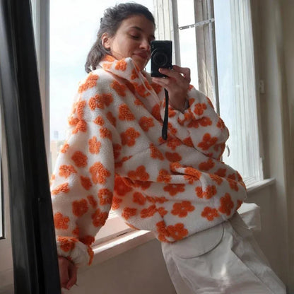 Fleece Flower Sweatshirt For Women 2025 Autumn Winter New Fashion Hoodies Warm Fur Top Zipper Pullovers Casual Outwear