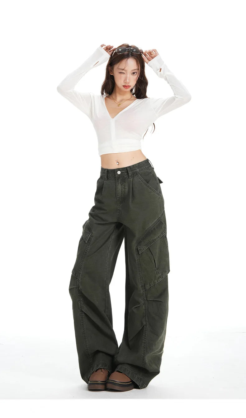 Retro Casual High Waisted Baggy Cargo Jeans Women Washed Distressed Wide Leg Pants Brown Denim Y2K Streetwear Vintage Trousers