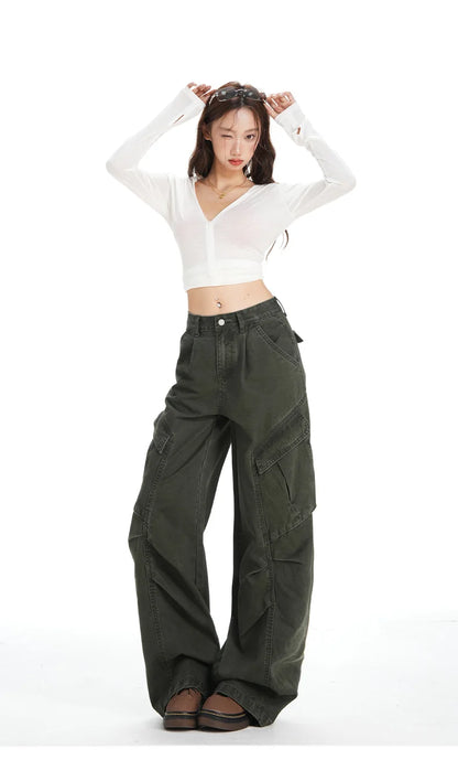 Retro Casual High Waisted Baggy Cargo Jeans Women Washed Distressed Wide Leg Pants Brown Denim Y2K Streetwear Vintage Trousers