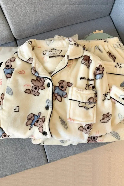 Plus Size Fluffy Winter Pajamas Women's Home Clothes Set Thickened Warmth Sleepwear with Running Dogs Design Cozy Indoor Suit