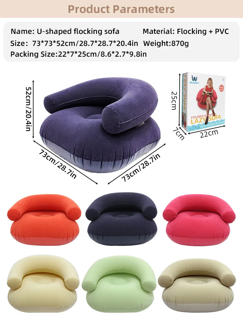 Inflatable Lazy Sofa U-shaped Flocking with Armrests, Backrest Seat Outdoor Pvc Indoor Portable Single Inflatable Sofa