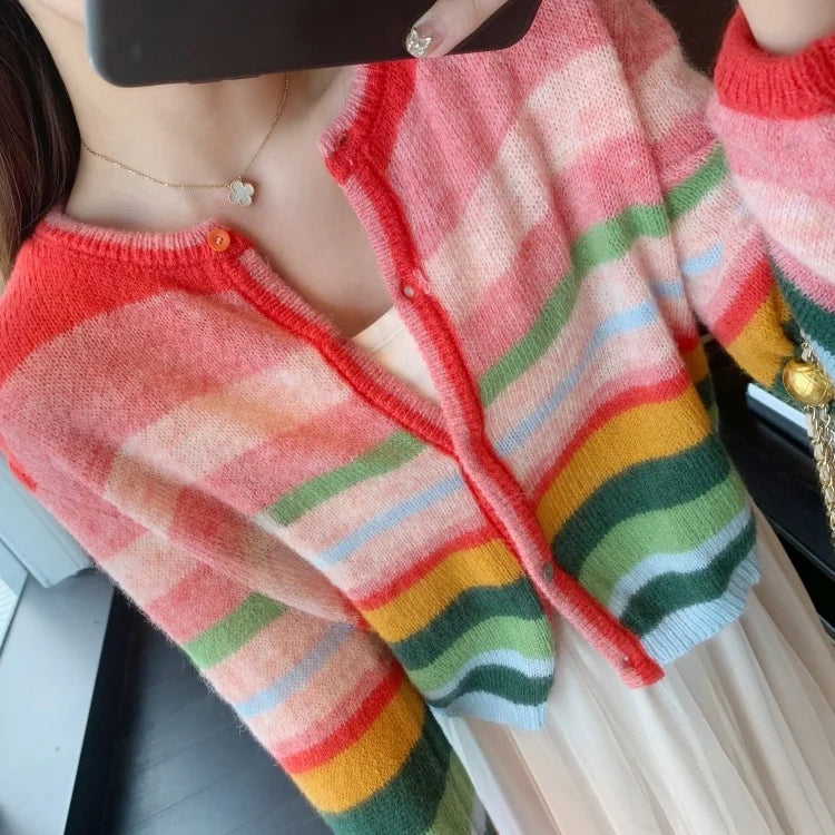 Soft Rainbow Striped Knitted Open Cardigan Long Sleeve Women's Top Trendy Lazy Style Early Autumn Fashionable Sweater Jacket