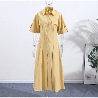 Women Summer Dress - Casual Striped Long Half Sleeve Slim Waist Mid-Calf Robe